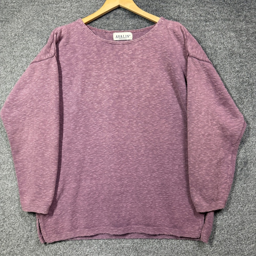 Avalin Sweater Womens Textured Knit Purple Boat Neck Side Slit Made in USA OS